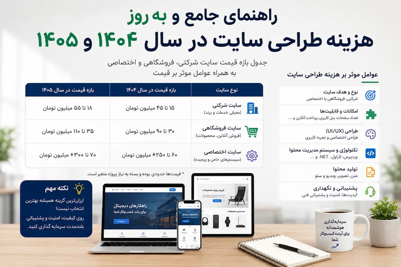 هزینه طراحی سایت چقدر است؟ راهنمای کامل تعرفه ها (۱۴۰۴ و ۱۴۰۵)